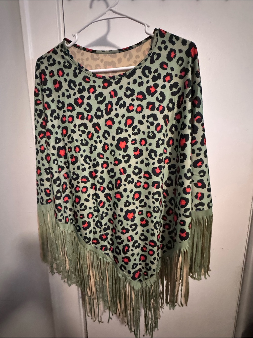 Women's Olive Green Leopard Print Fringed Poncho